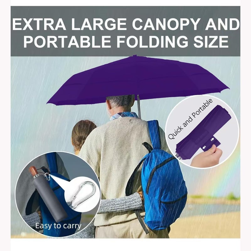 MasterUmbrella مظلة مقاومة للرياح بغطاء ثلاثي الطبقات للانتقال، تفتح وتغلق تلقائيًا، 10 أعمدة من الألياف الزجاجية، مقبض خشبي، 13 بوصة عند الطي، تغطية كبيرة 47 بوصة لشخصين، استبدال مدى الحياة - Image 3